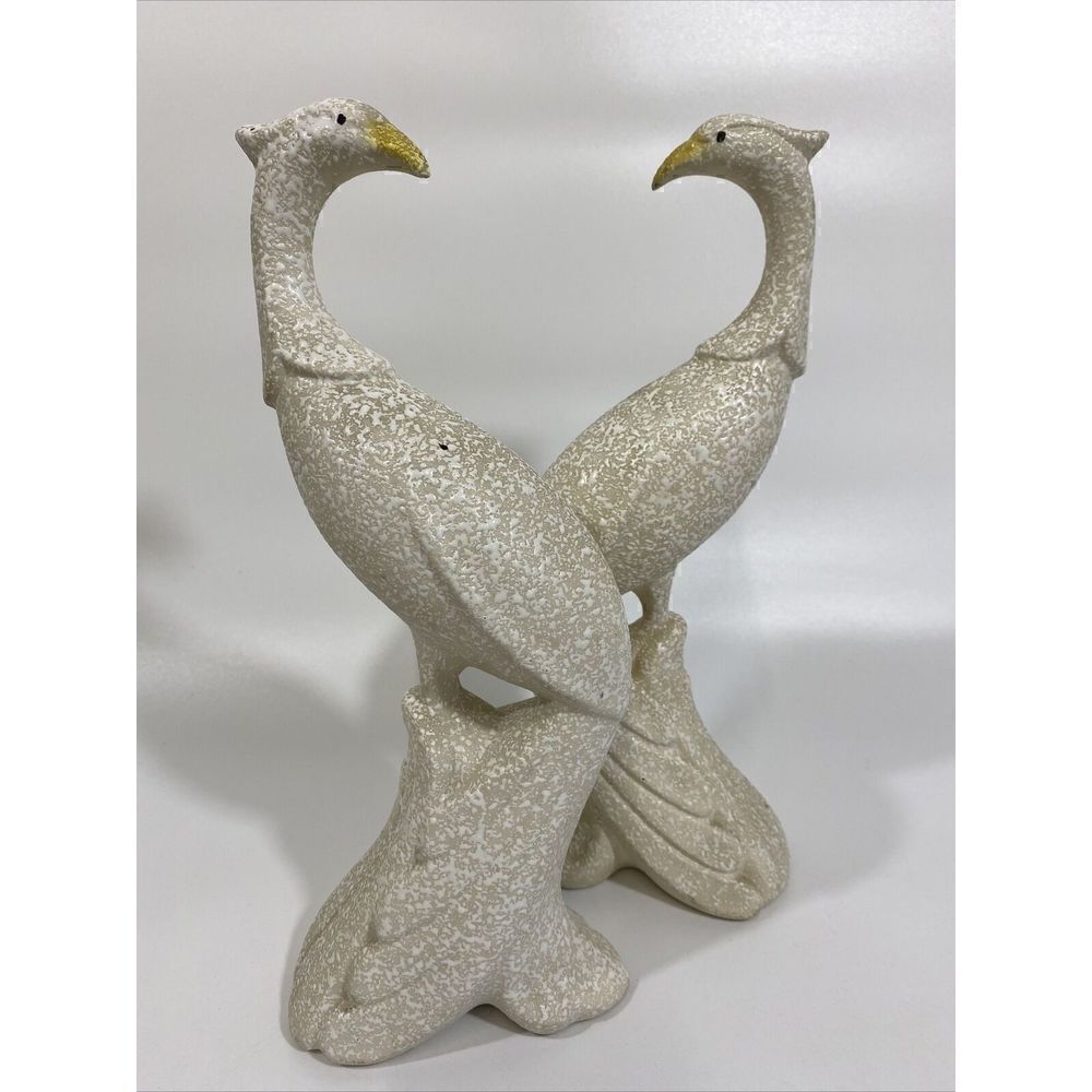 Vintage MCM Midcentury Textured Ceramic Bird Figurine‎ Set White Pheasant  11”